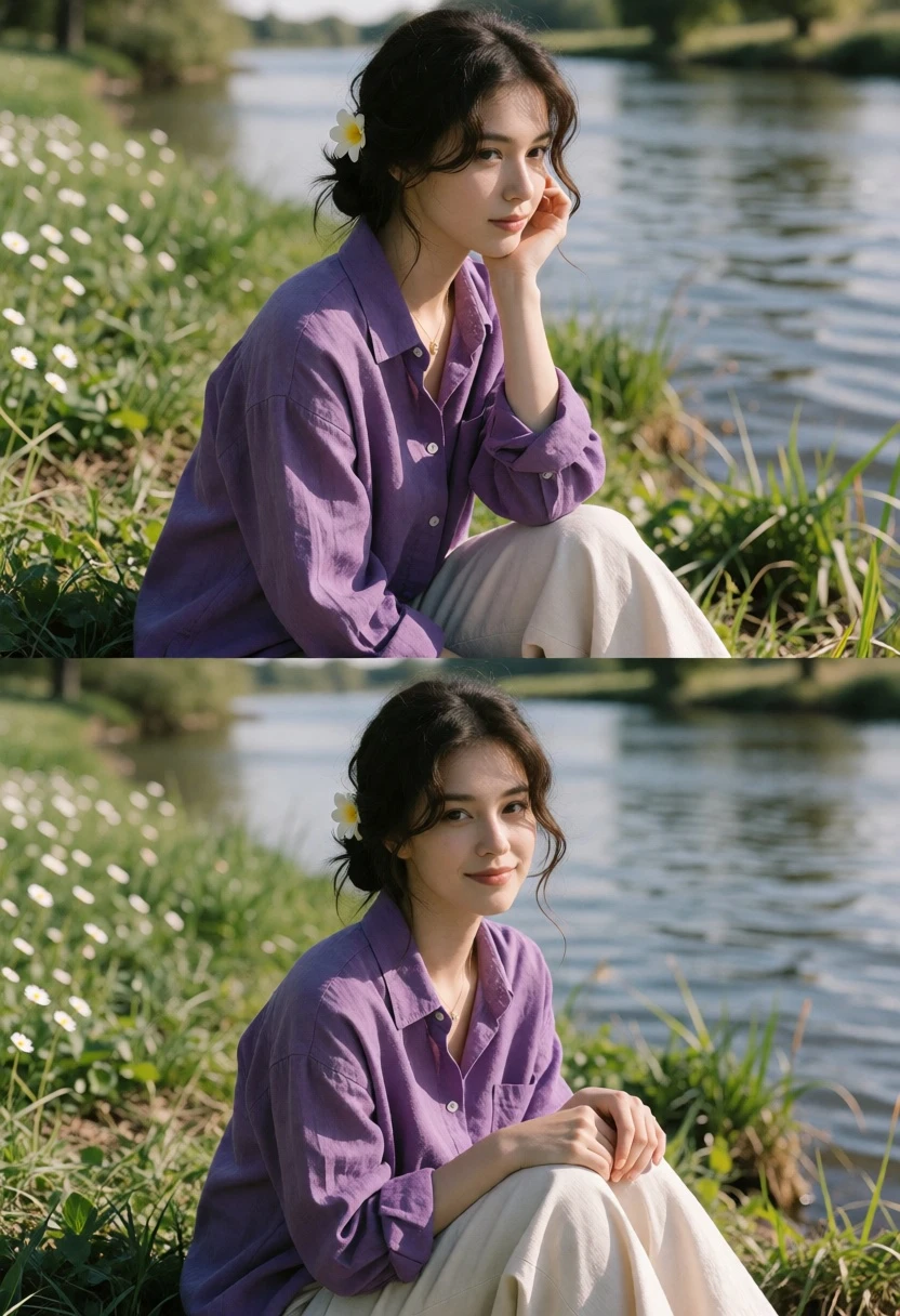 Young woman in purple linen shirt on grassy bank by calm river - AI generated image prompt sample