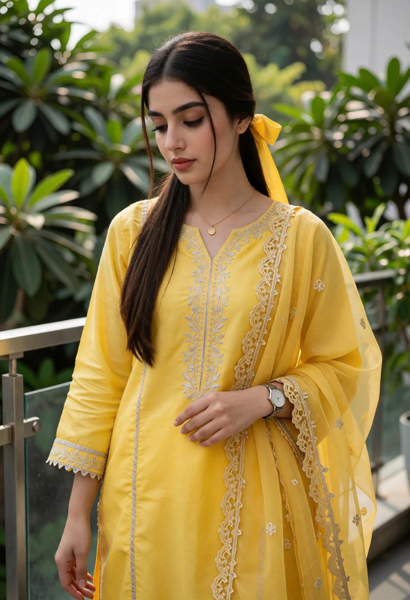 Young woman in bright yellow traditional outfit on an outdoor balcony - AI generated image prompt sample