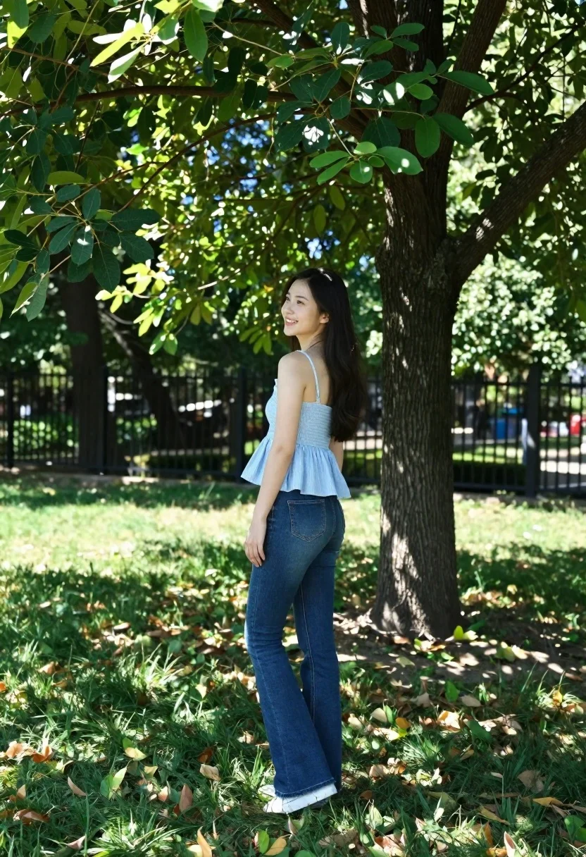 Young woman in blue stripes on grassy lawn under large shady tree