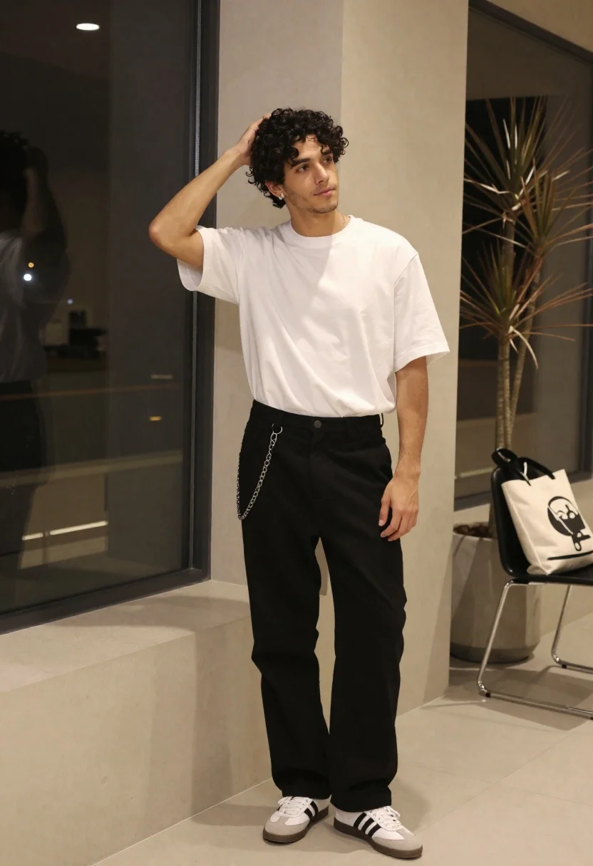 Young man in white tshirt and black trousers indoors - AI generated image prompt sample