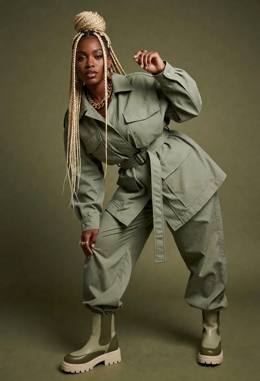 Black woman in sage green utility outfit posing against muted olive backdrop - AI generated image prompt sample