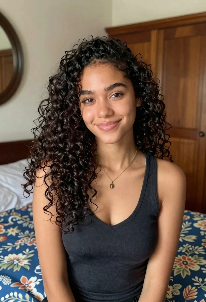Medium close up portrait of young woman with dark curly hair indoors
