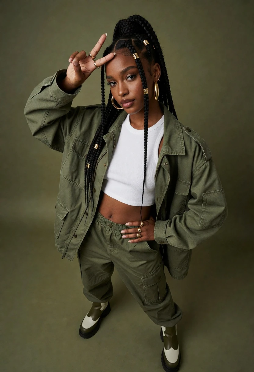 Stylish black woman in olive military jacket studio portrait against green backdrop - AI generated image prompt sample