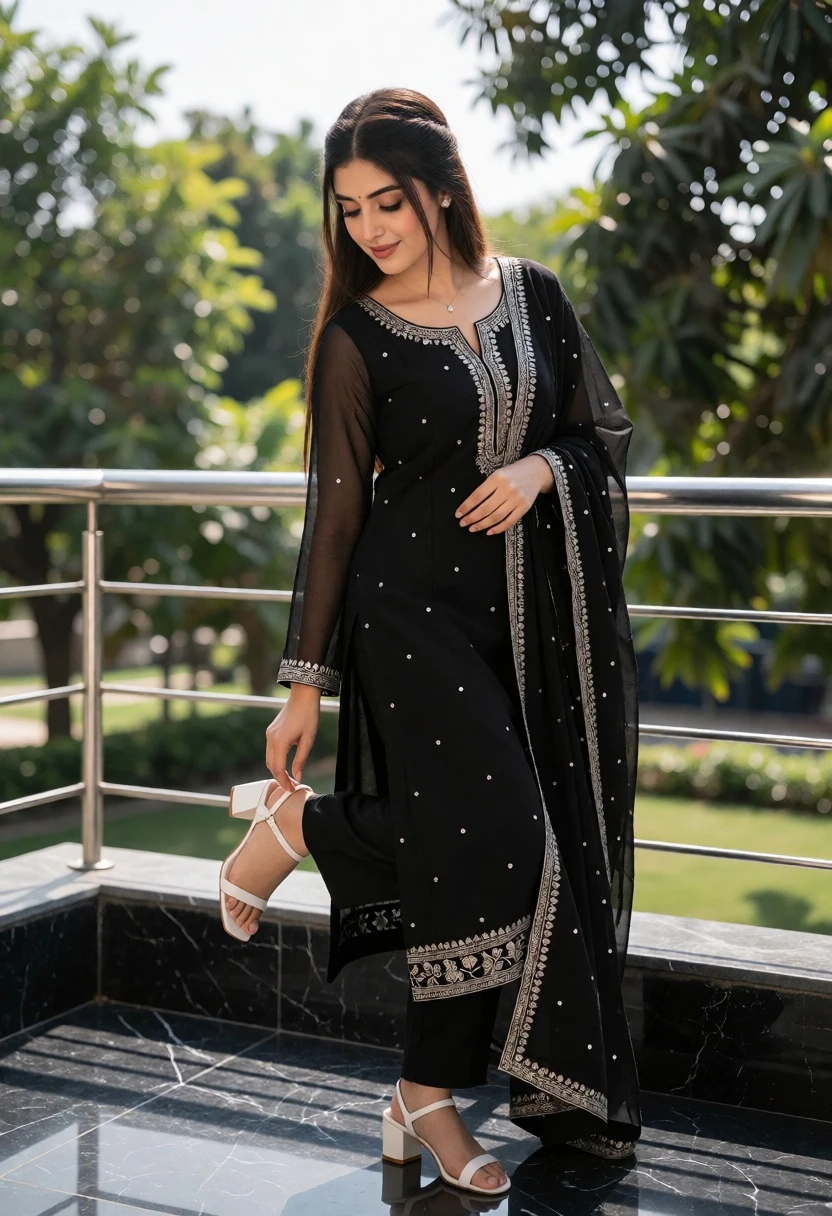 Young woman in black traditional outfit on marble balcony overlooking green garden - AI generated image prompt sample