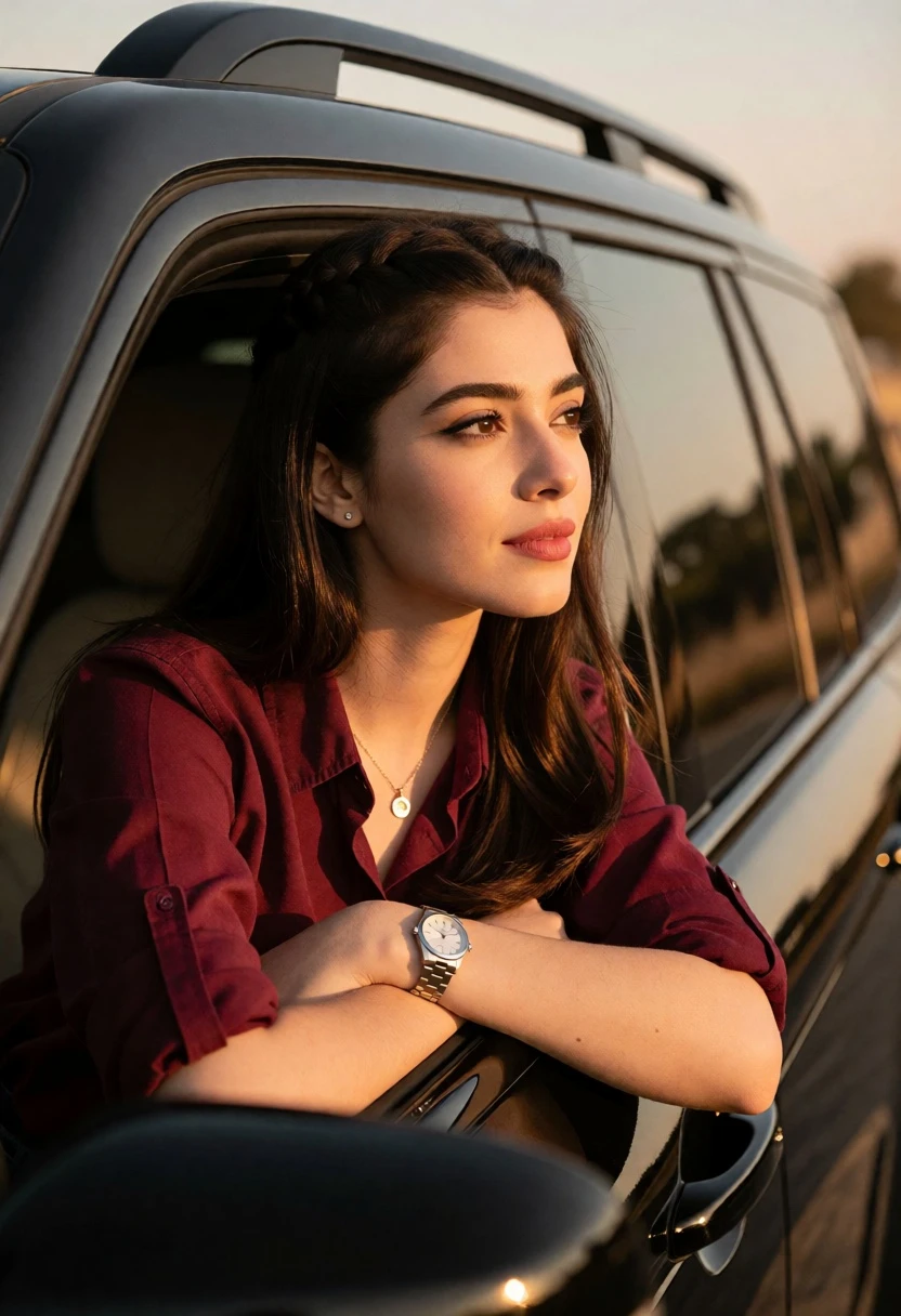 Young woman leaning from black suv window during golden hour sunlight - AI generated image prompt sample