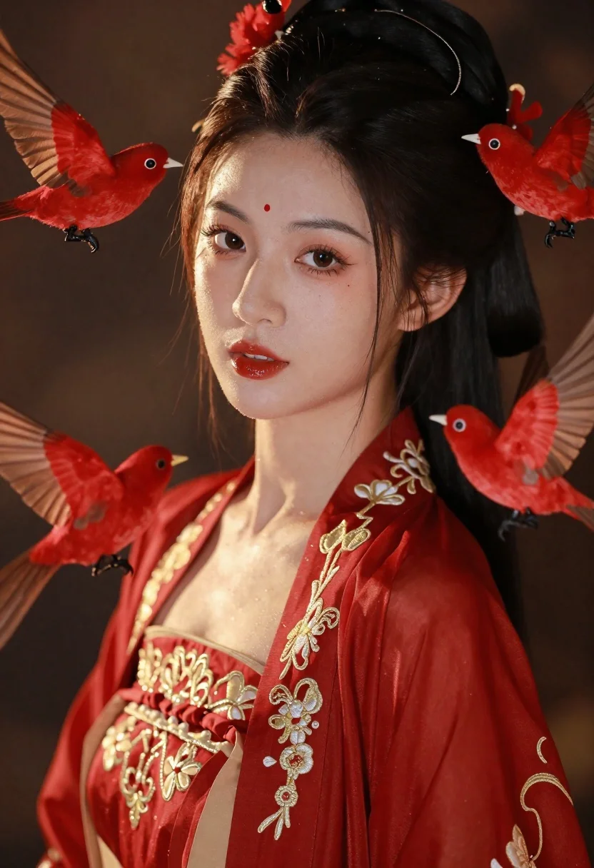 Young woman in red hanfu with crimson birds