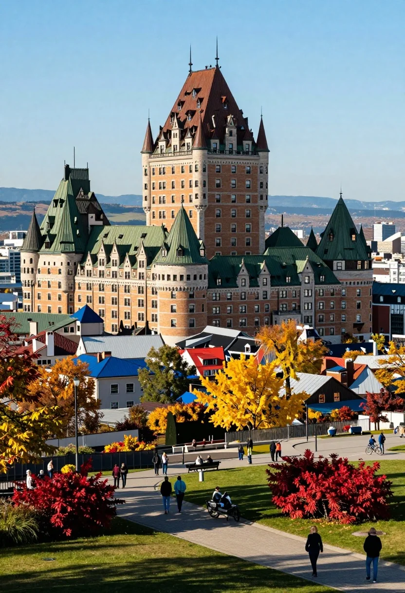 High angle view of european cityscape castle hotel amidst colorful autumn foliage - AI generated image prompt sample