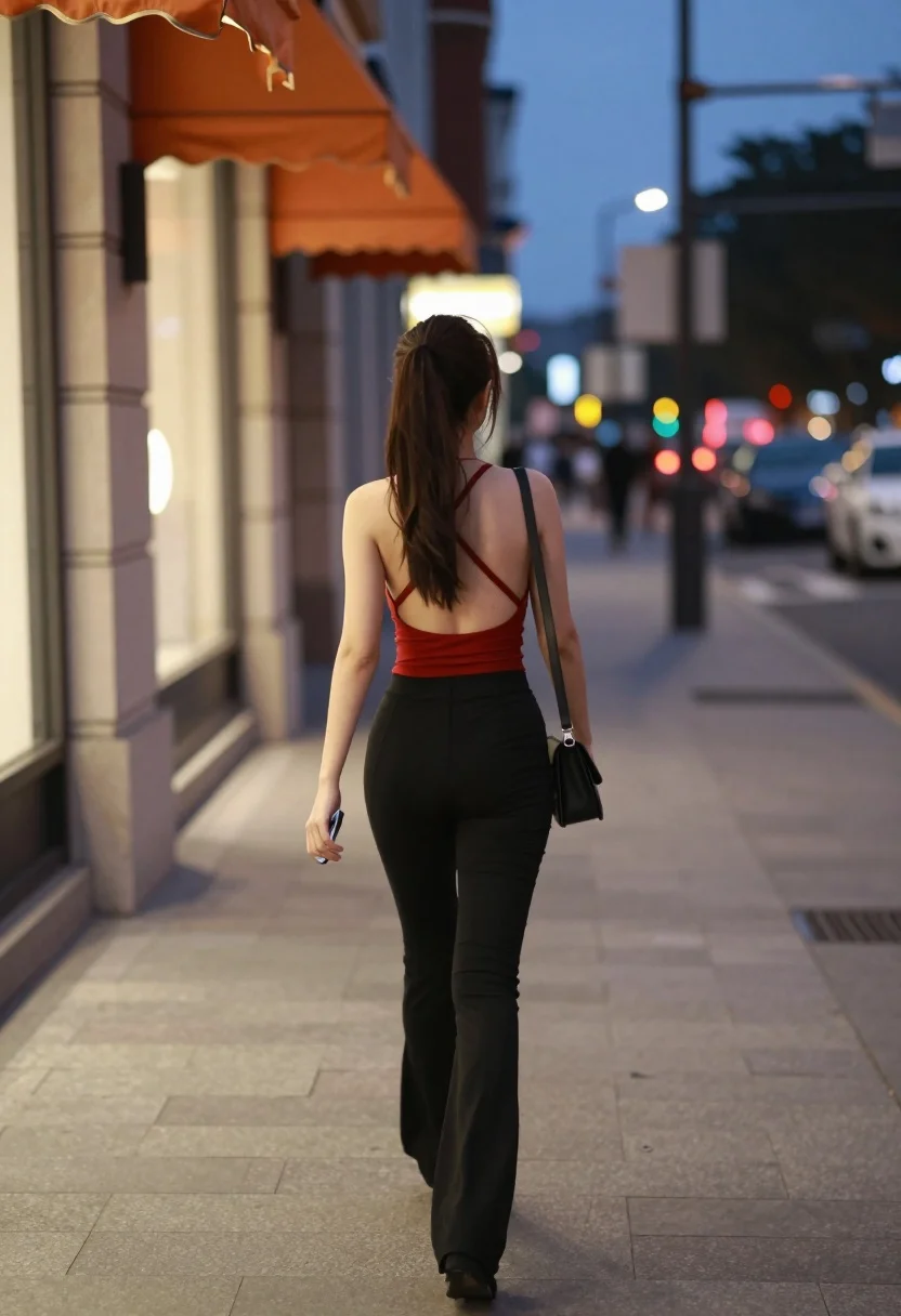 Woman walking down city sidewalk at night with red top and black - AI generated image prompt sample