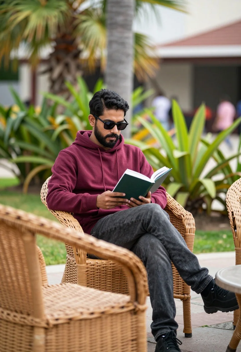 Man reading book in wicker chair surrounded by green plants outdoors - AI generated image prompt sample