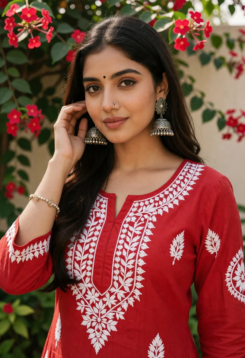 Young woman in red embroidered kurta standing in lush garden setting - AI generated image prompt sample