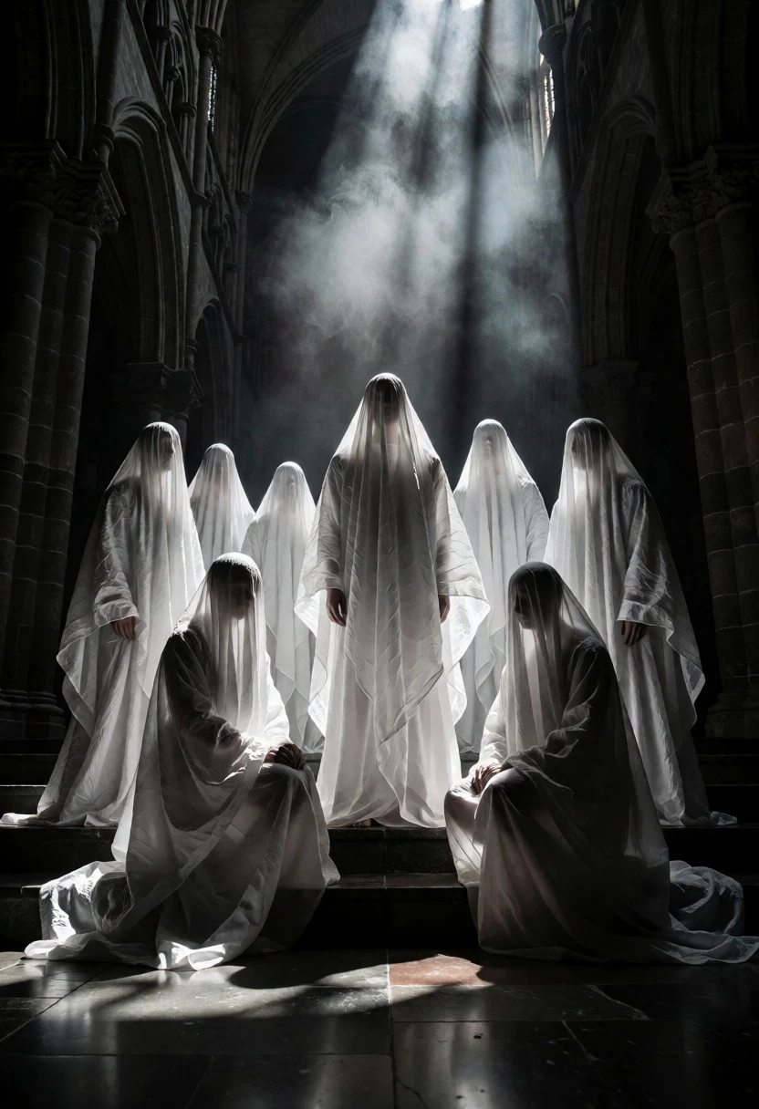 Seven hooded figures in white shrouds within a dark stone cathedral nave - AI generated image prompt sample
