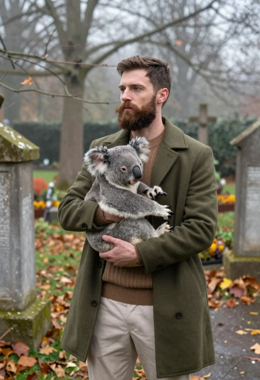Bearded man holding koala in misty overgrown garden setting - AI generated image prompt sample