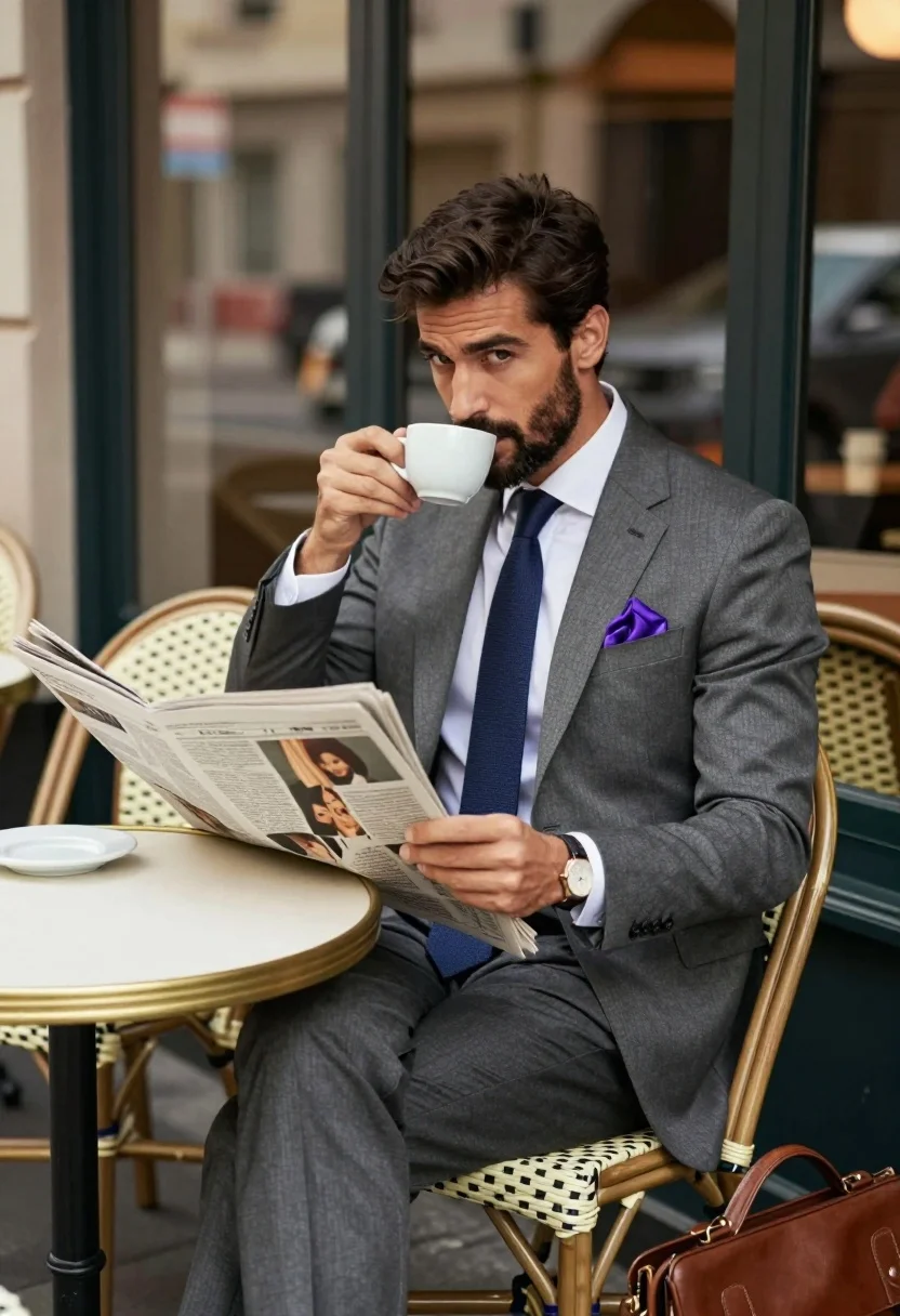 Handsome man in grey suit reading newspaper at outdoor cafe table - AI generated image prompt sample