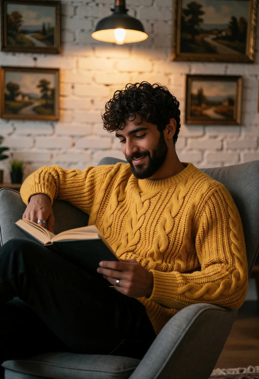 Young man reading book in modern armchair with yellow sweater - AI generated image prompt sample