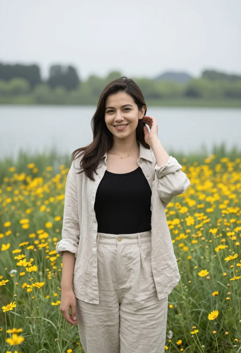 Smiling young woman in beige linen shirt standing in yellow wildflowers by - AI generated image prompt sample