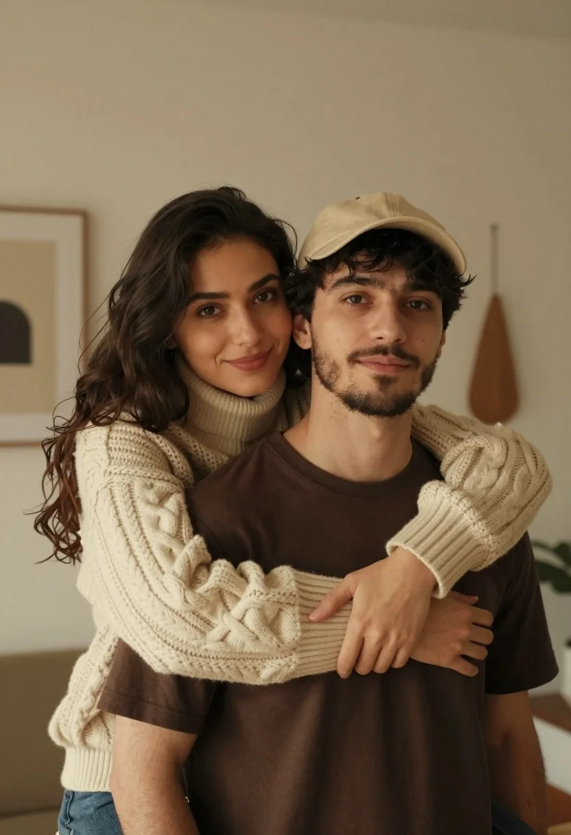 Warm indoor portrait of young couple embracing against light beige wall - AI generated image prompt sample