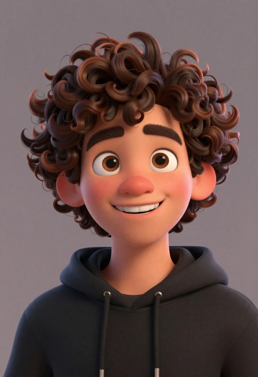 Close up portrait of cheerful young man with curly brown hair - AI generated image prompt sample