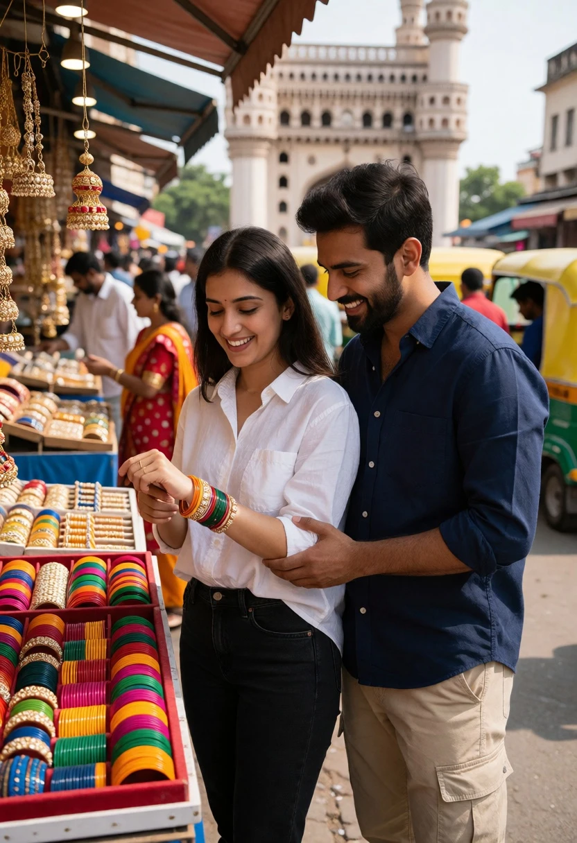 Smiling couple browsing bangles in a vibrant street market near charminar monument - AI generated image prompt sample