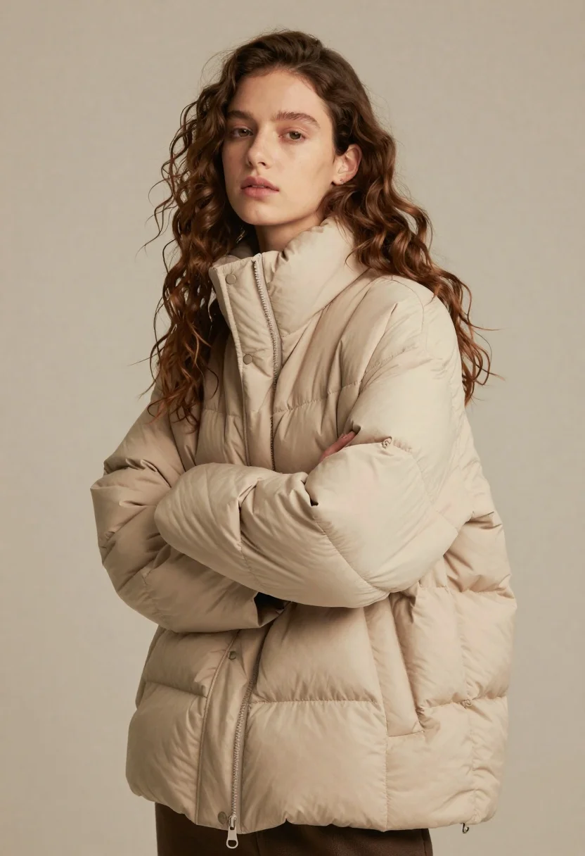 Young woman with brown hair wearing beige puffer jacket in studio setting - AI generated image prompt sample
