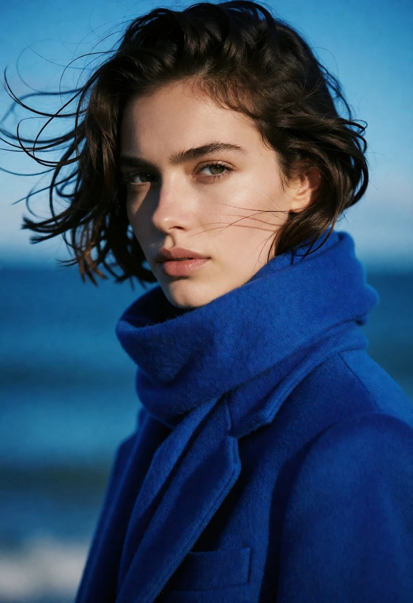 Close up portrait of woman with dark hair against vivid blue background - AI generated image prompt sample