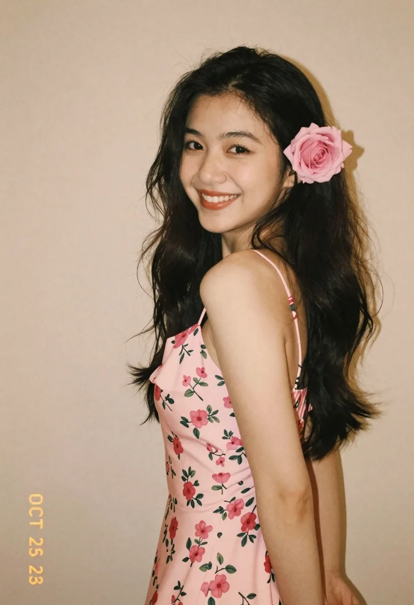 Young woman in pink floral dress on beige wall with rose behind - AI generated image prompt sample