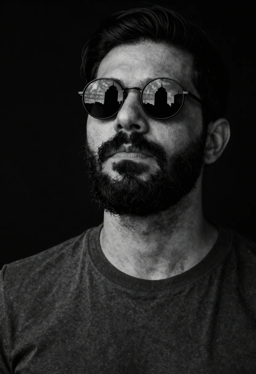 Black and white portrait of bearded man with sunglasses