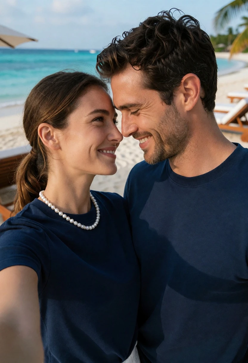 Intimate couple selfie on tropical beach with matching navy tshirts - AI generated image prompt sample