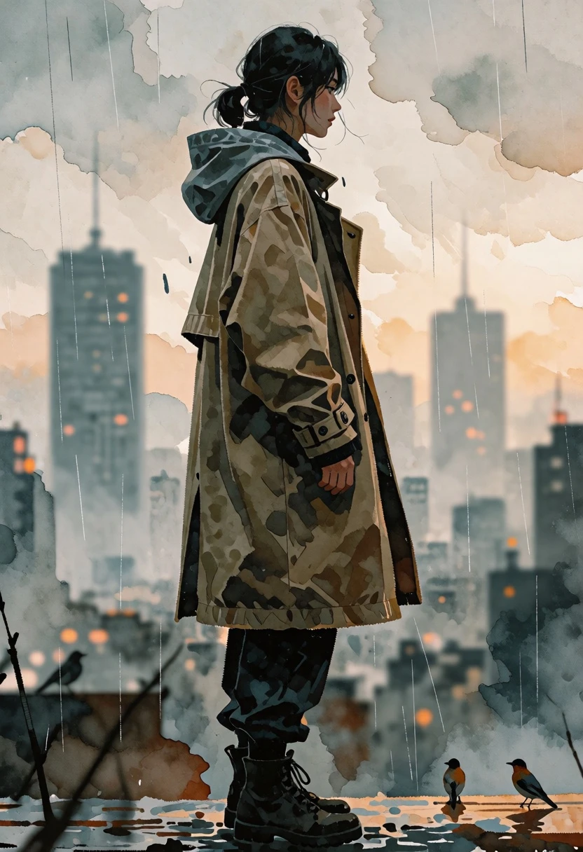Solitary figure in trench coat against hazy misty urban skyline digital painting - AI generated image prompt sample