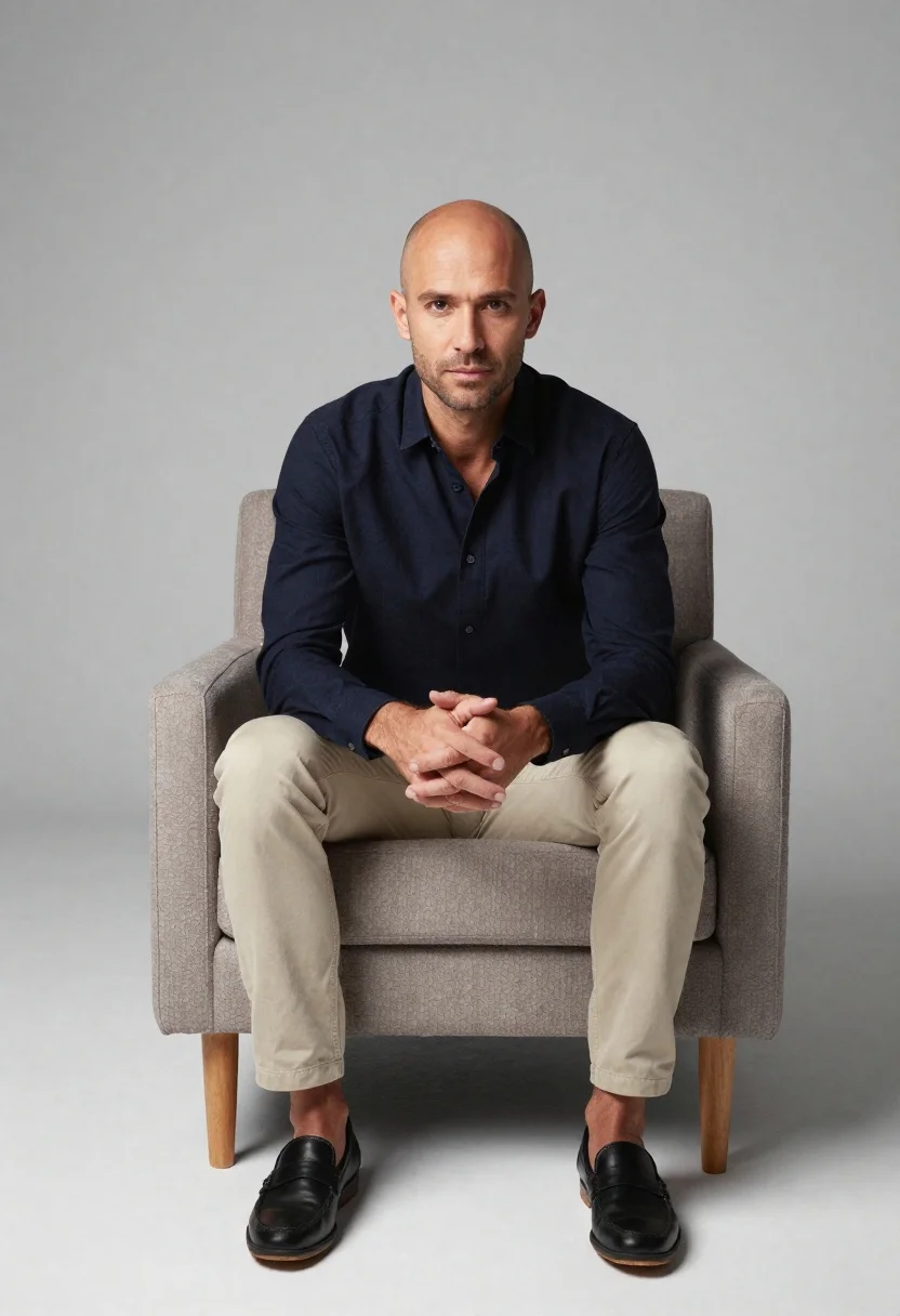 Studio portrait of man in armchair against gray background - AI generated image prompt sample
