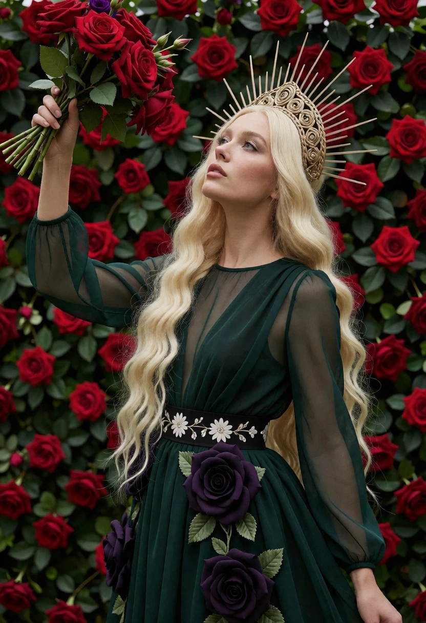 Woman with blonde hair holding flowers against a dense wall of red - AI generated image prompt sample