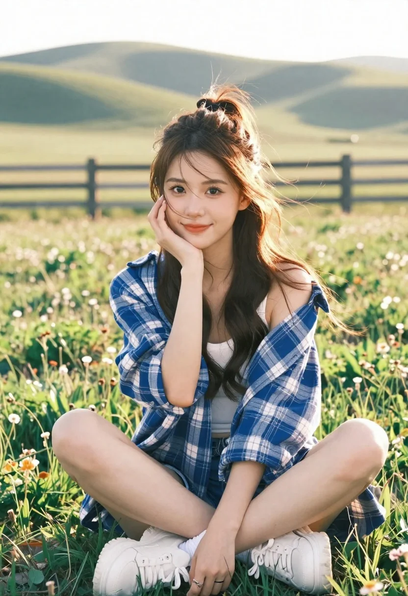 Young east asian woman sitting in sunlit meadow with rolling hills - AI generated image prompt sample