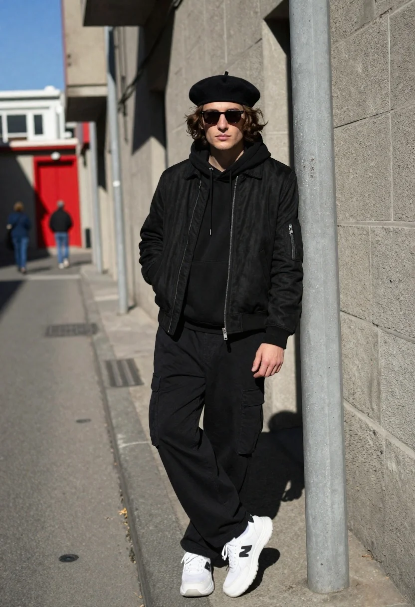 Young man in black outfit standing in an urban alleyway street - AI generated image prompt sample