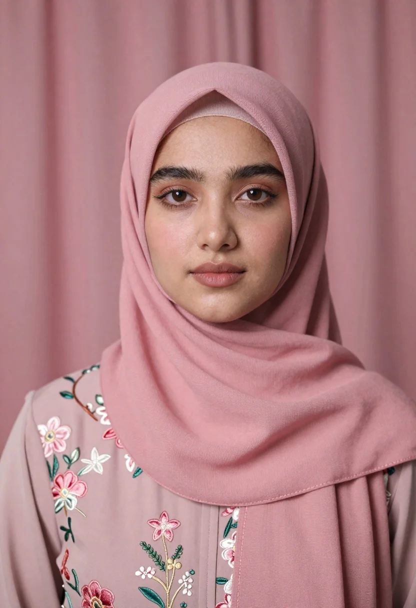 Portrait of young woman wearing pink hijab - AI generated image prompt sample