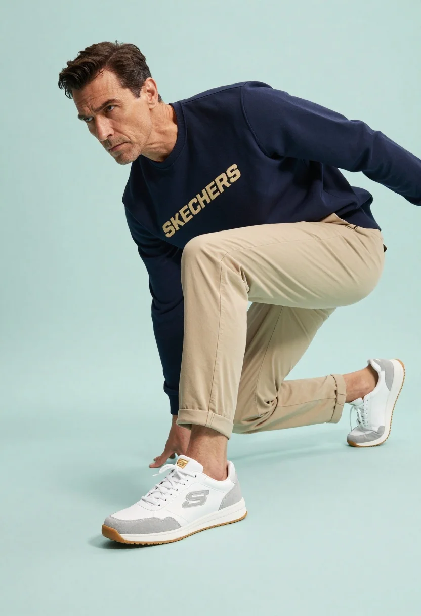 Middle aged man crouching low in athletic stance wearing sneakers studio shot - AI generated image prompt sample