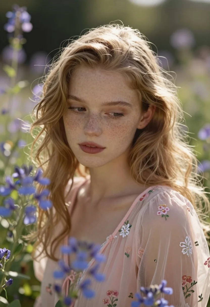 Close up portrait of blonde woman with freckles in sunlit garden setting - AI generated image prompt sample