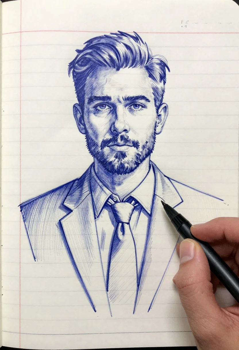 Sketch of mans upper body on lined notebook paper
