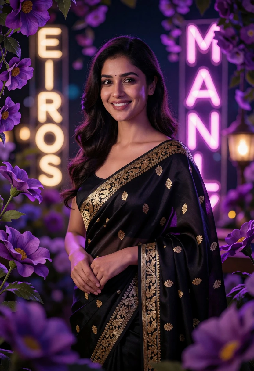Portrait of smiling woman in black saree among purple flowers neon text - AI generated image prompt sample