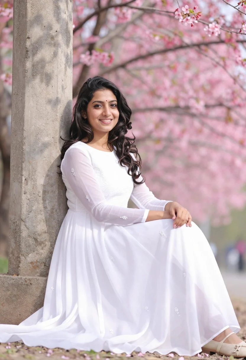 Young woman in white anarkali gown seated near cherry blossoms