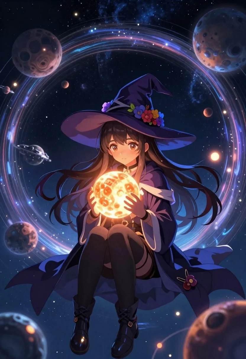 Young witch holding glowing orb in cosmic tunnel
