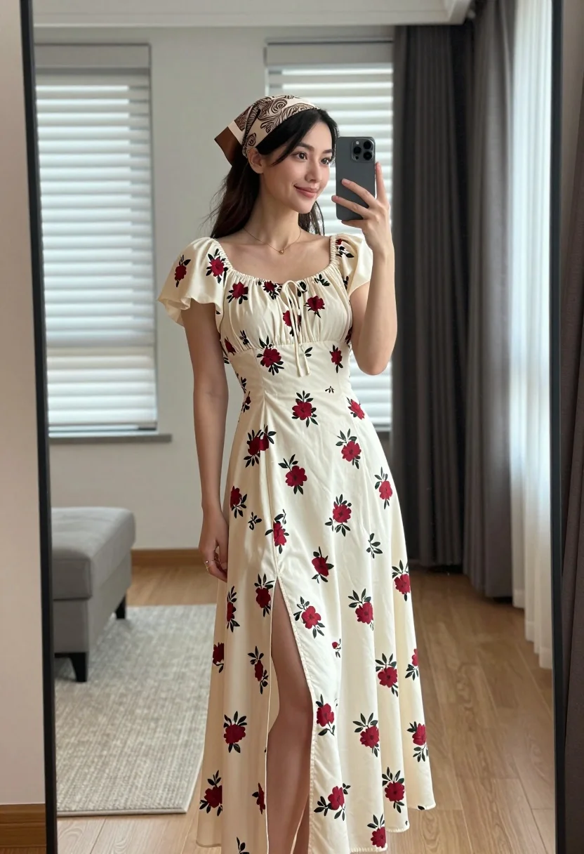 Young woman in floral dress taking mirror selfie indoors with natural light - AI generated image prompt sample