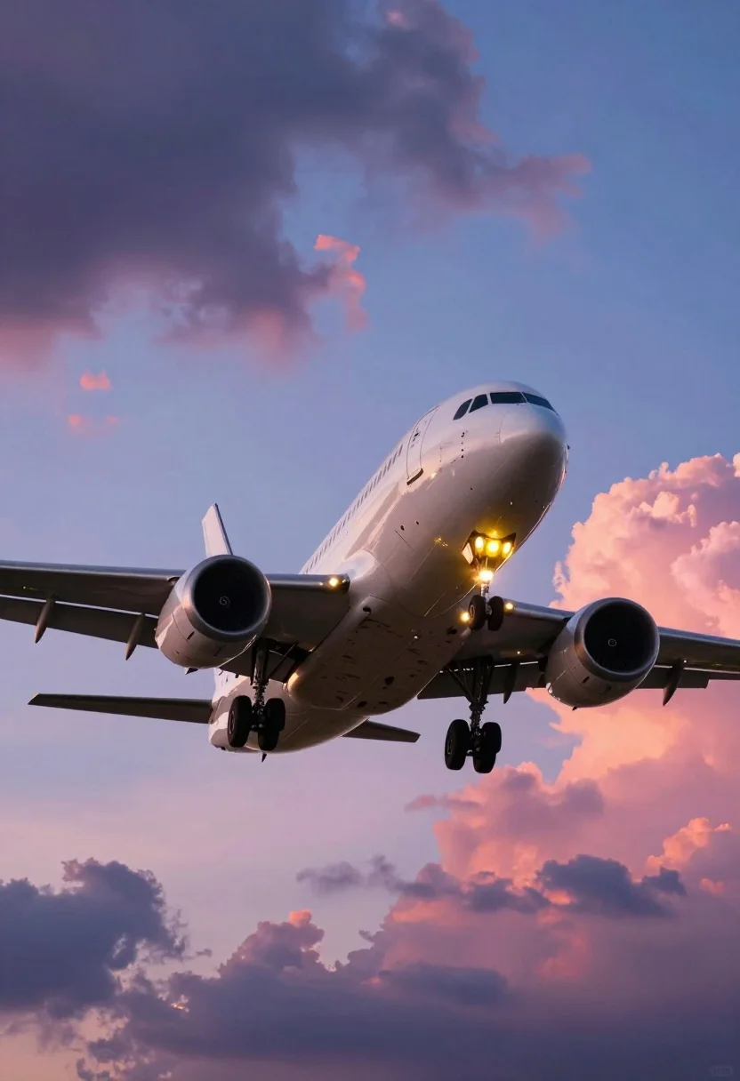Large twin engine jet airliner descending through dramatic sunset clouds - AI generated image prompt sample