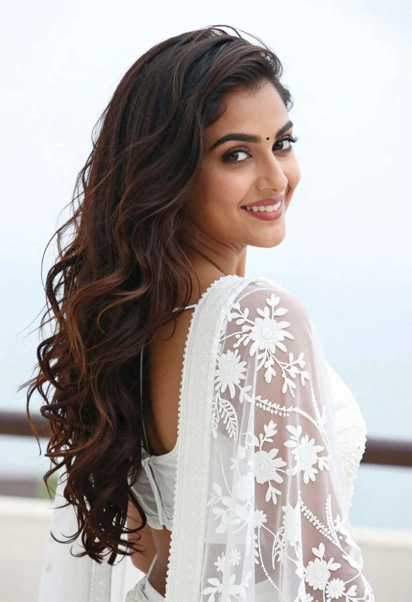 Young woman looking back over shoulder wearing white lace outfit