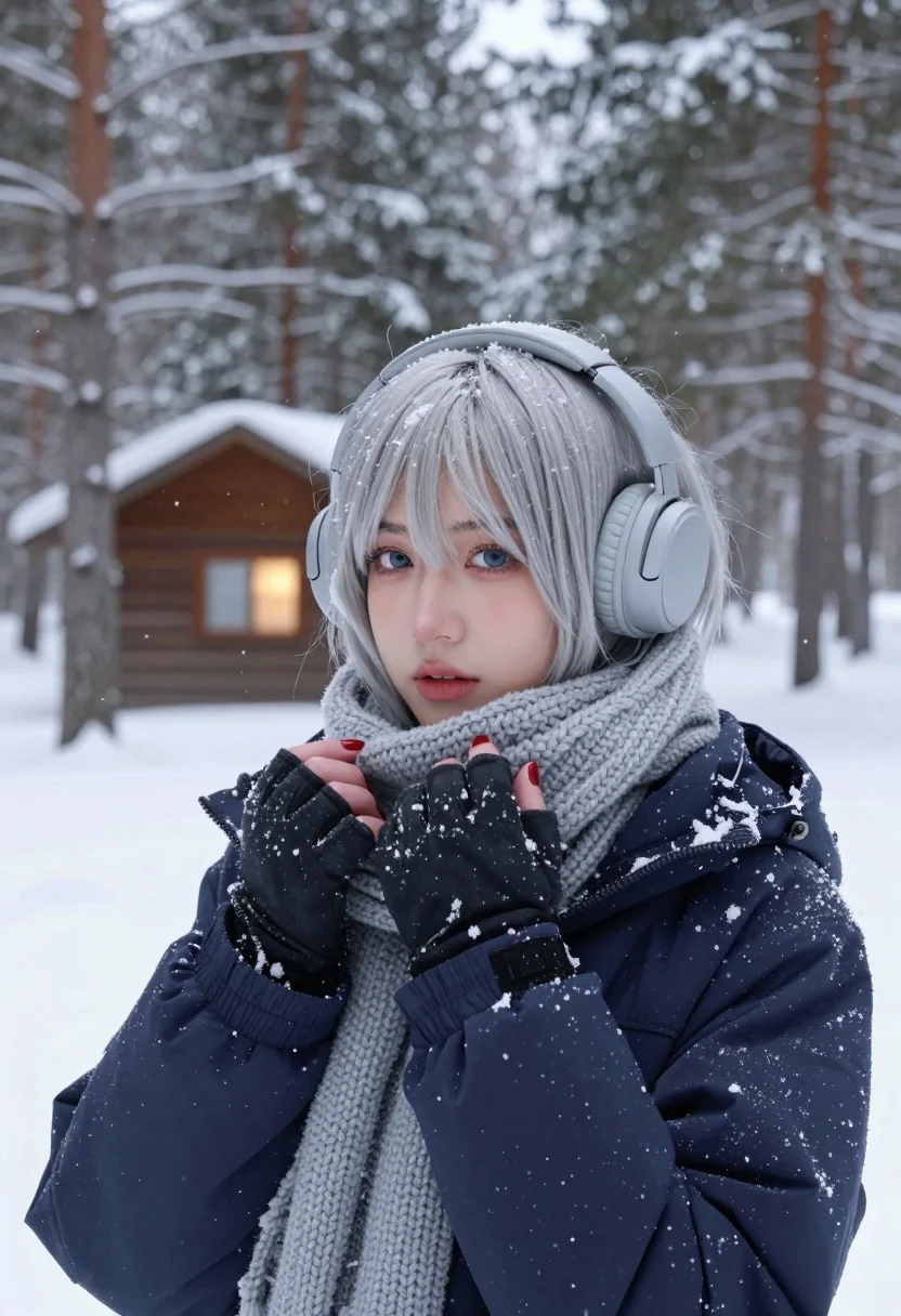 Young woman with silver hair in winter forest wearing headphones and scarf - AI generated image prompt sample
