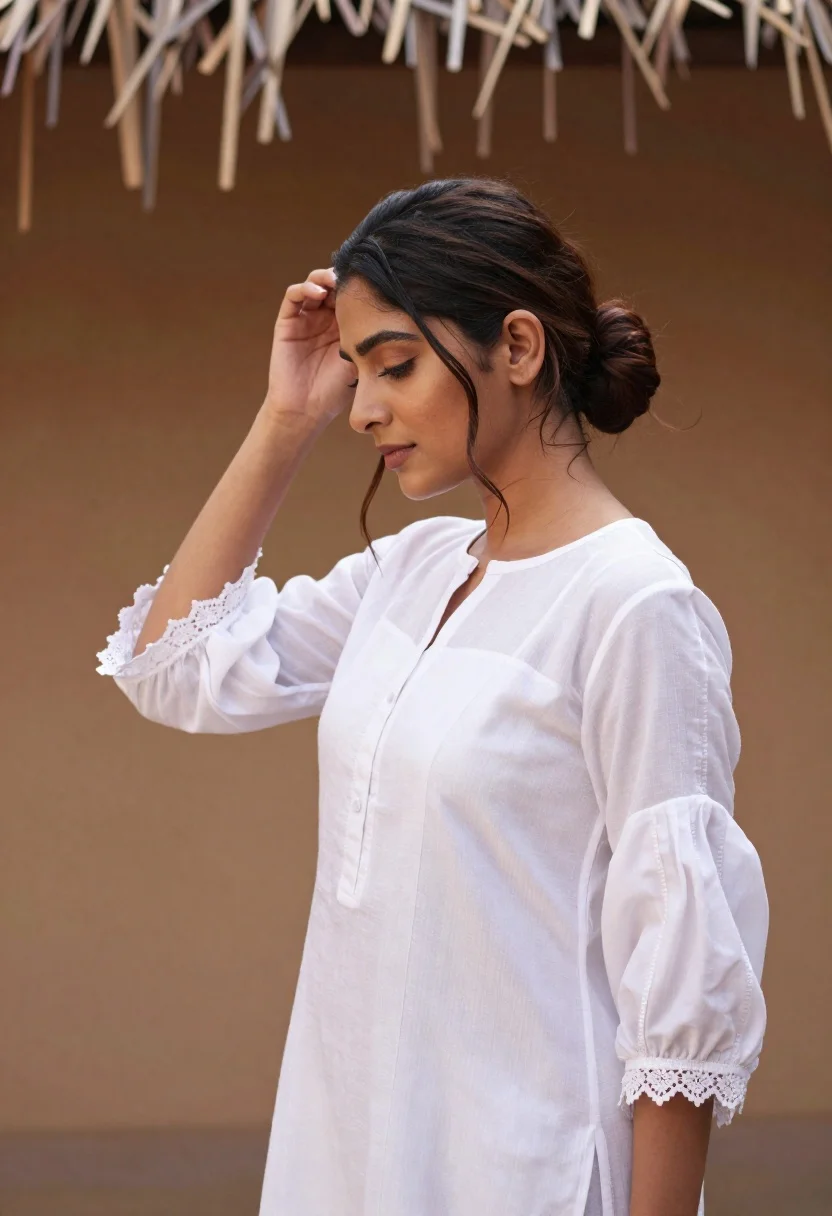 Woman in white tunic touching head against ochre textured wall