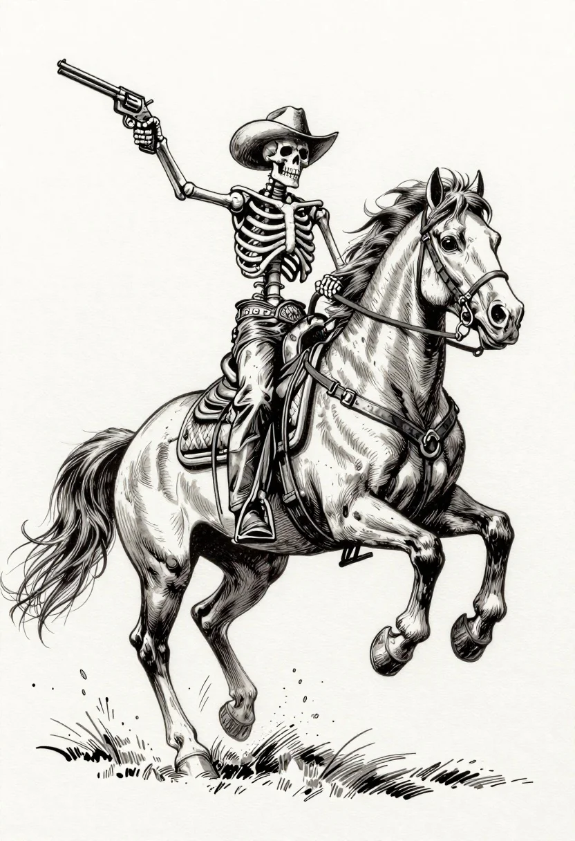Skeleton cowboy riding a rearing horse ink illustration - AI generated image prompt sample