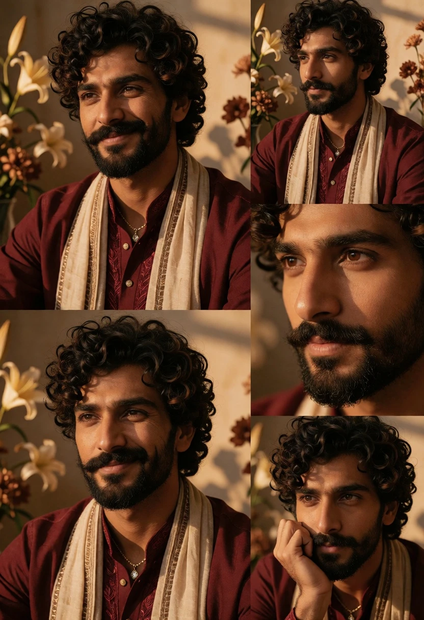 Collage of five portraits featuring man in traditional attire with flowers - AI generated image prompt sample