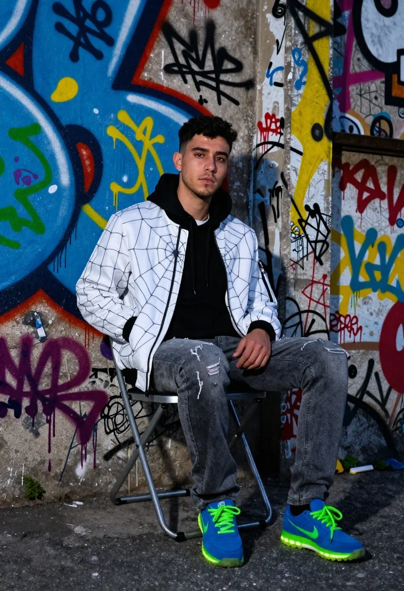 Young man sitting on chair by graffiti covered wall