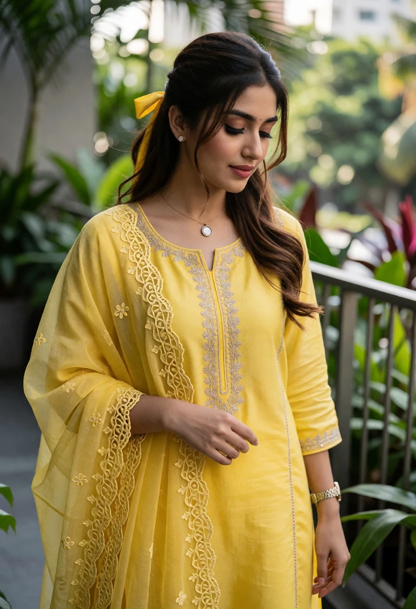 Young woman in yellow traditional outfit near green foliage railing - AI generated image prompt sample