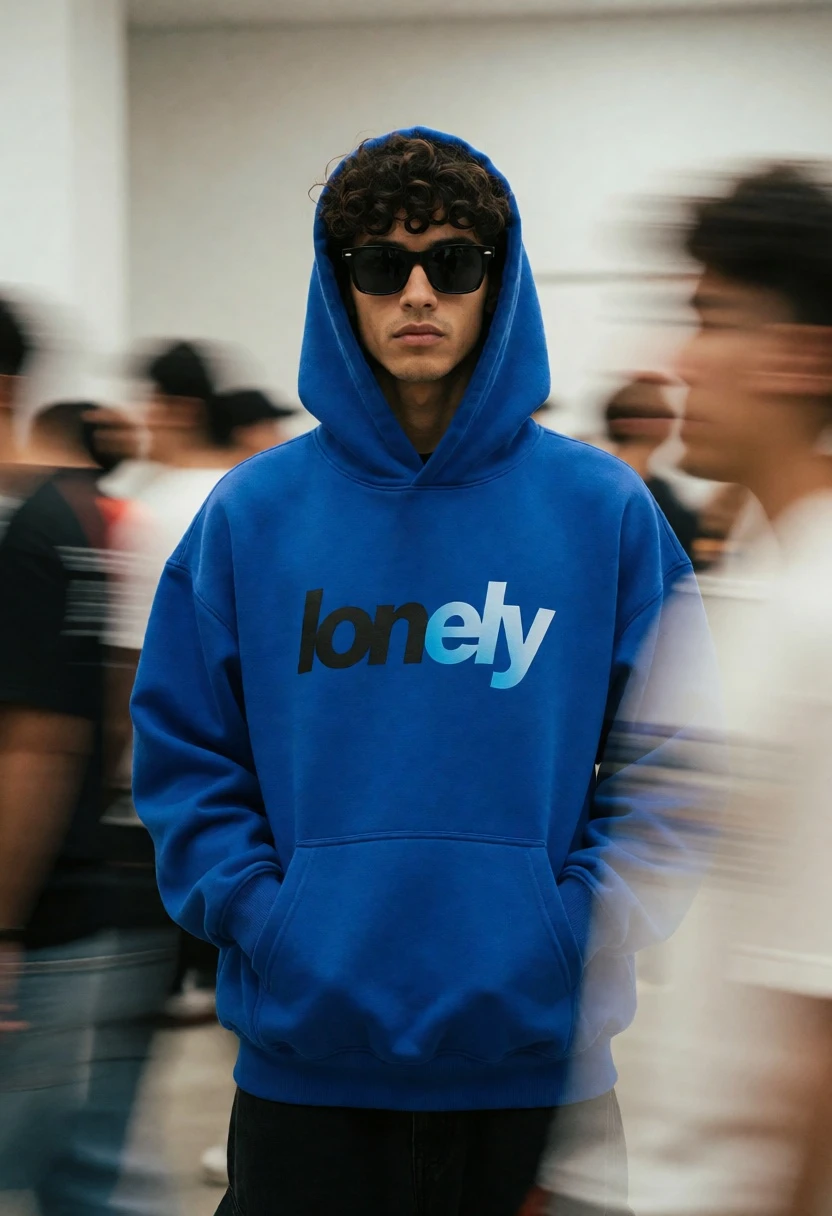 Young man standing still amidst blurred moving figures in an indoor space - AI generated image prompt sample