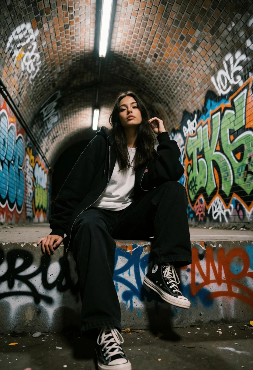 Young woman sitting on graffiti ledge inside an underground brick tunnel - AI generated image prompt sample